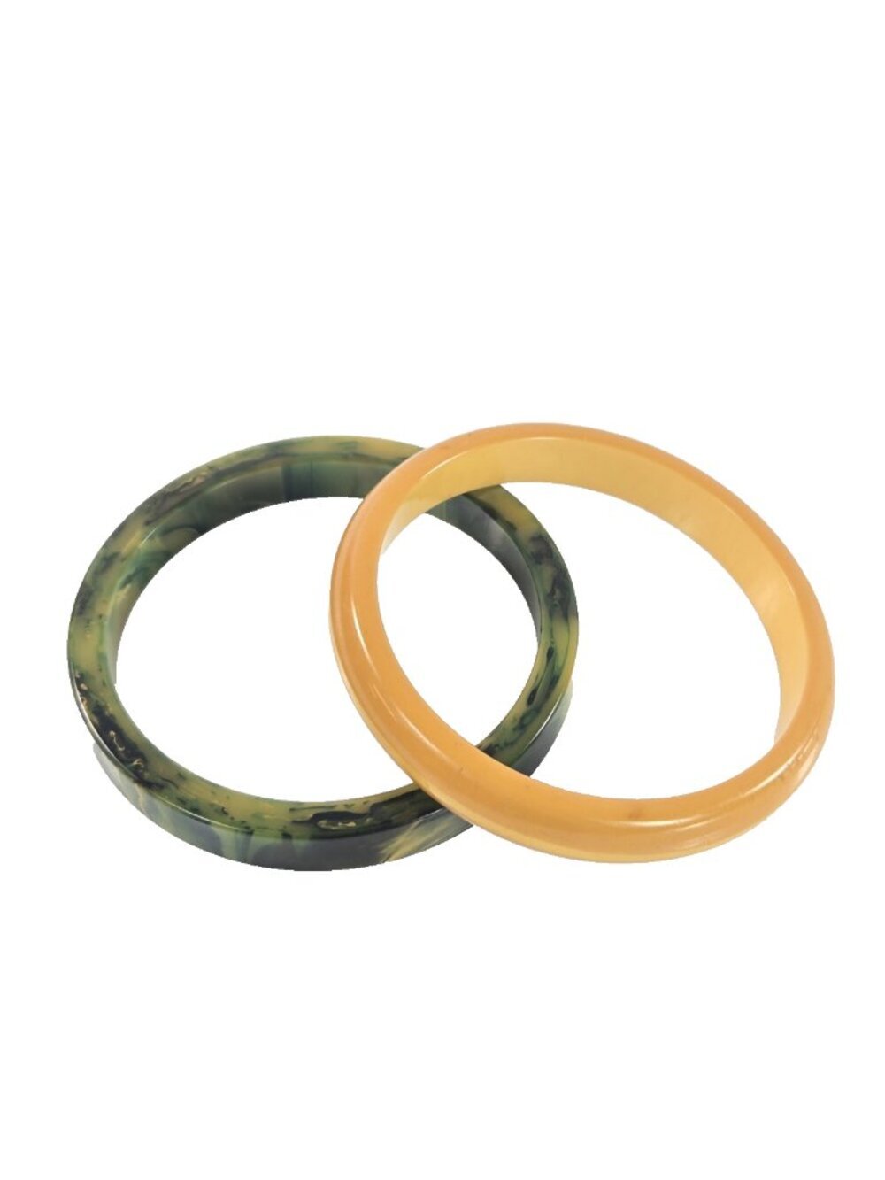 Vintage Bakelite Bangles Bracelets Lot of 2 Yellow Green Swirl Marbled Spinach